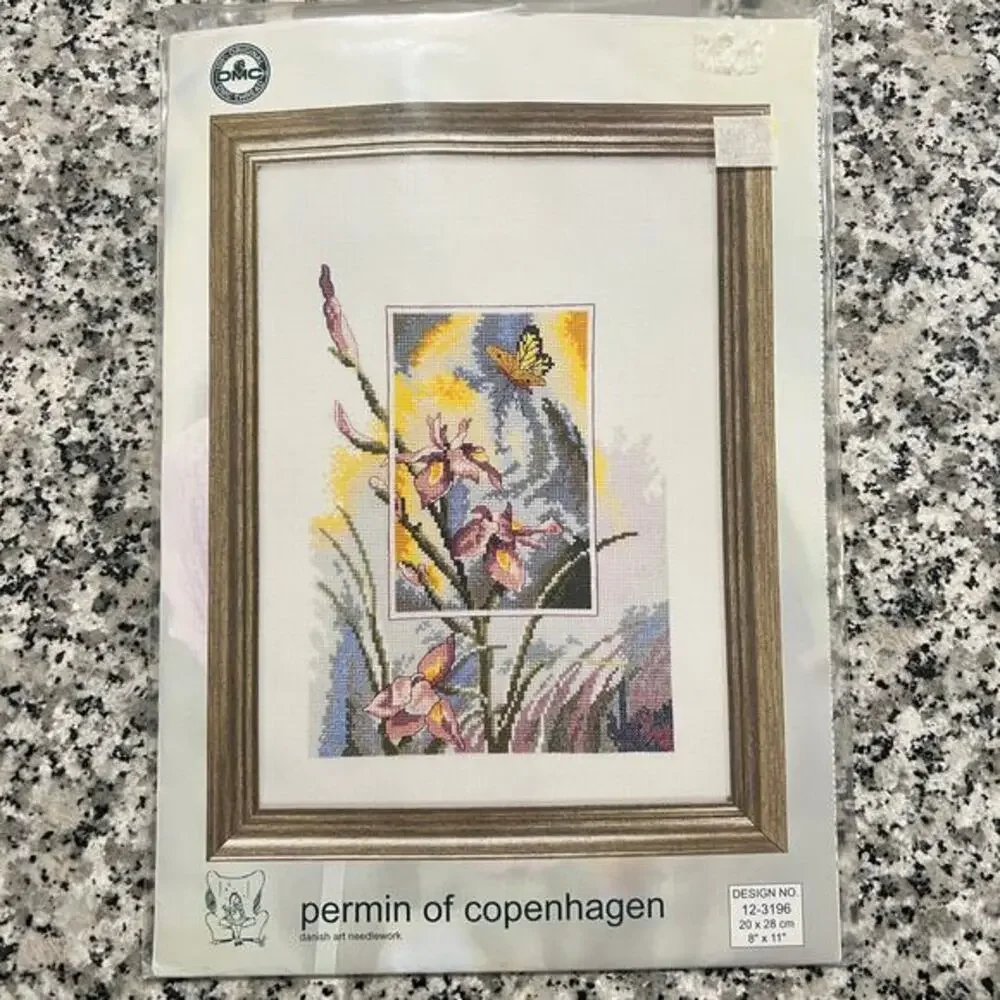 Permin of Copenhagen Iris Flowers Butterfly Cross Stitch Kit‎ 8x11 12-3196